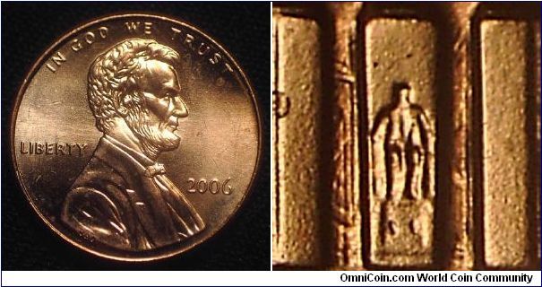 2006 Lincoln Cent, Class Four Doubling Shows Into the Pedistal, Hands and Knees Appear as Dots.