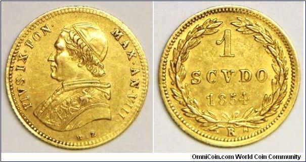 Italian States - Papal States, Pius IX (1846-1878), Scudo, 1854 VIIIR. 1.733g, 0.9000 Gold, .0501 oz. AGW, 14.4mm. Obverse: Young bust type l. Reverse: Value and date within wreath. Mintage: 97,000 units. Mint: Rome.