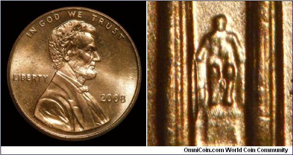 2008 Lincoln Cent, Shows a very strong bar on the sixth column between it and the statue as well as there looks to be doubling of a knee between the legs on the statue.