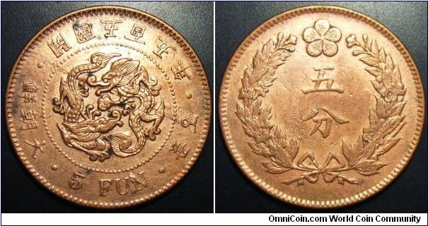 Korea 1896 5 fun, Great Korean Peninsular variety. Cleaned but with nice details.