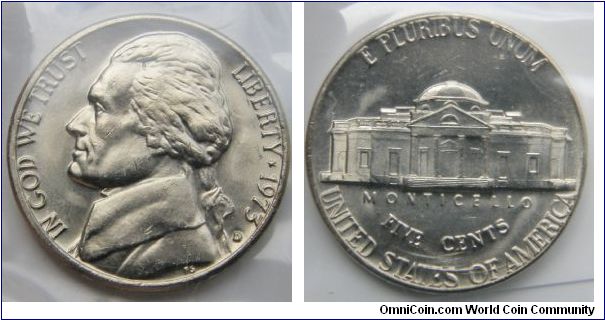 Jefferson Five Cents. 1973 Mint Set. Mintmark: Small D (for Denver, Colorado) below the date on the lower right obverse