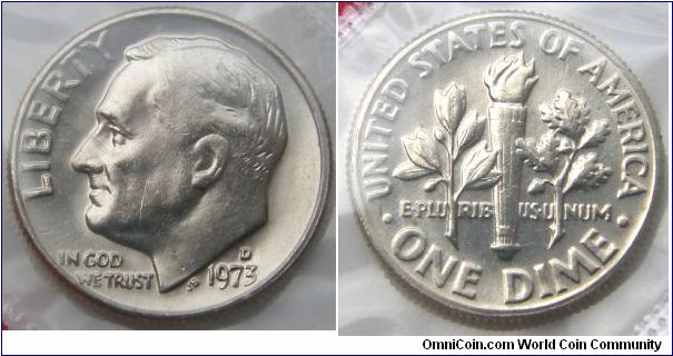 Roosevelt One Dime, 1973 Mint Set. Mintmark: D (for Denver, CO) above the date