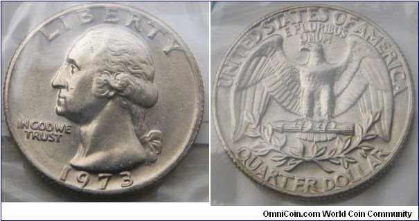Washington Quarter Dollar, 1973 Mint Set. Mintmark: None (for Philadelphia, PA) on the obverse just right of the ribbon