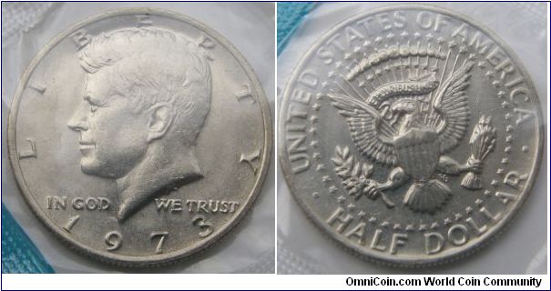 Kennedy Half Dollar, 1973 Mint Set. Mintmark: None (for Philadelphia, PA) centered above the date