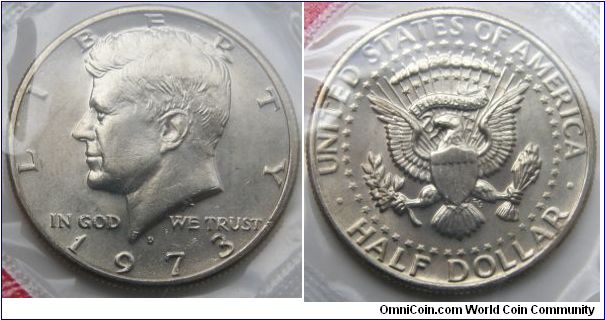 Kennedy Half Dollar. 1973 Mint Set. Mintmark: D (for Denver, CO) centered above the date