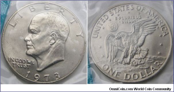EISENHOWER One Dollar, 1973 Mint Set.Mintmark: None (for Philadelphia, PA) between Eisenhower's head and the date
