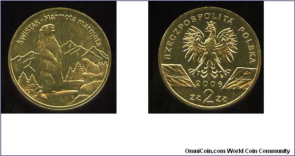 2Zl
Animals of the World
Marmot
Adult marmot standing on its hind legs, young marmot sitting on a mountain rock, background,of a mountain landscape. inscription, Swistak Marmota marmota
Eagle between a pair of Polish flags, value & date