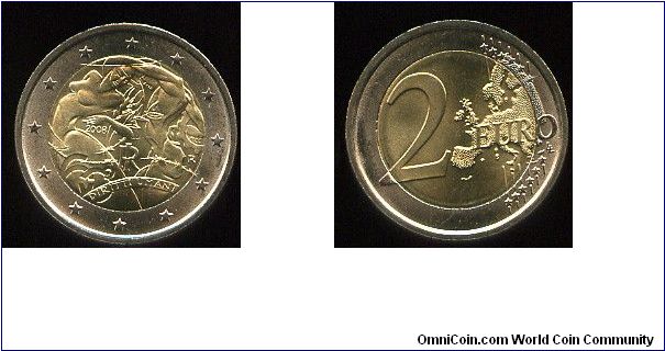 2 Euro
60th Anniversary of the Universal Declaration of Human Rights
Man & woman with olive branch/ear of corn/cogwheel/barbed wire, symbols respectively representing the right to peace/food/work/freedom, along with the links of a broken chain which form the figure 60e 
Map of EU