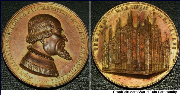 Gian Galeazzo Visconti.1351-1402.Gilt copper or bronze medal 1886 (F. Broggi) for the 500-anniversary of the start of construction of the Milan cathedral. Joan Galeatius Vicecom right / view of the cathedral. 47 mm, 60gr