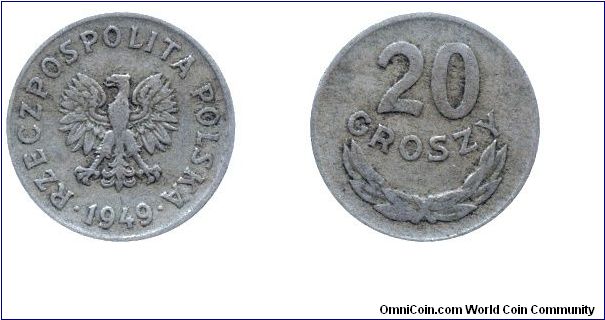 Poland, 20 groszy, 1949, Cu-Ni, Republic of Poland.                                                                                                                                                                                                                                                                                                                                                                                                                                                                 