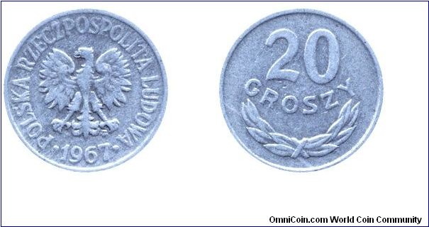 Poland, 20 groszy, 1967, Al, People's Republic of Poland.                                                                                                                                                                                                                                                                                                                                                                                                                                                           