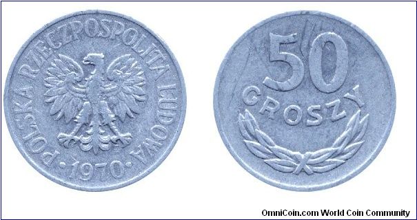 Poland, 50 groszy, 1970, Al, People's Republic of Poland.                                                                                                                                                                                                                                                                                                                                                                                                                                                           