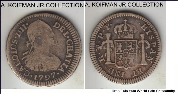 KM-69, 1797 Bolivia 1/2 real, Potosi mint (PTS mint mark); silver, circle and rectangle edge; Charles IV, fine or about.