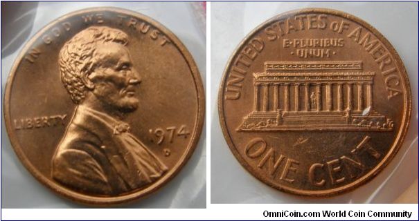 Lincoln One Cent. 1974 Mint Set.
Mintmark: D (for Denver, CO) below the date