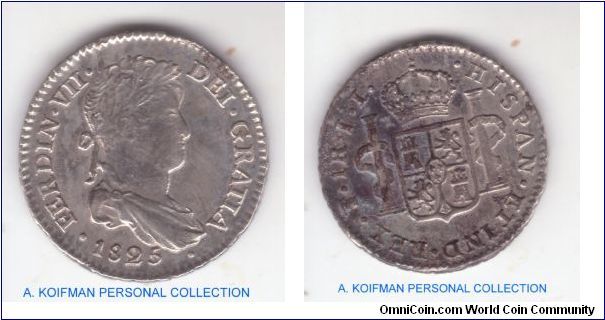 KM-87, 1825 Bolivia real; Potosi mint; Ferdinand VII; looks about extra fine condition to me but blackened on reverse, possibly by the fire.
