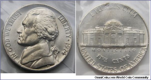 Jefferson Five Cents. 1974 Mint Set.Mintmark: None (for Philadelphia) to the right of the building on the reverse