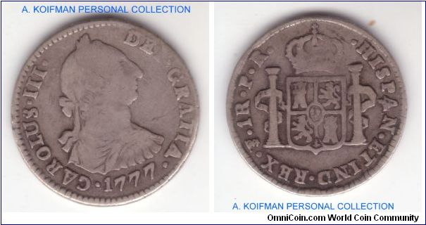 KM-52, 1777 Bolivia real; armoured bust of Carl III; very good to fine I would guess.