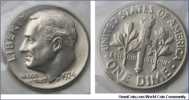 Roosevelt One Dime, 1974 Mint Set. Mintmark: None (for Philadelphia, PA) above the date