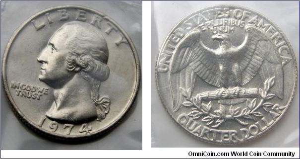 Washington Quarter Dollar, 1974 Mint Set. Mintmark: None (for Philadelphia, PA) on the obverse just right of the ribbon