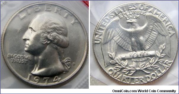 Washington Quarter Dollar, 1974 Mint Set. Mintmark: D (for Denver, CO) on the obverse just right of the ribbon