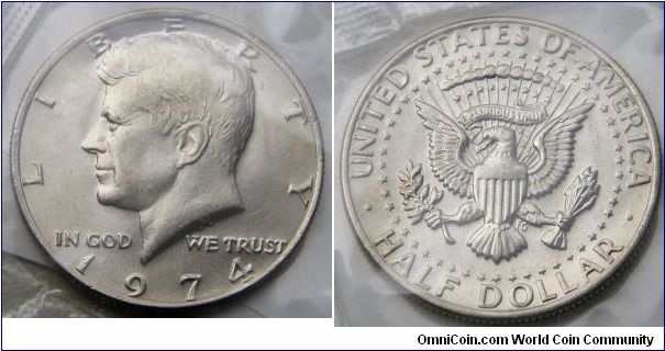 Kennedy Half Dollar, 1974 Mint Set. Mintmark: None (for Philadelphia, PA) centered above the date