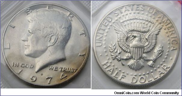 Kennedy Half Dollar. 1974 Mint Set. Mintmark: D (for Denver, CO) centered above the date