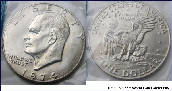 EISENHOWER One Dollar, 1974 Mint Set.Mintmark: None (for Philadelphia, PA) between Eisenhower's head and the date