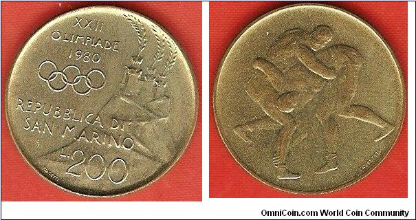 200 lire
XXII Olympiad Moscow
wrestlers
aluminum-bronze