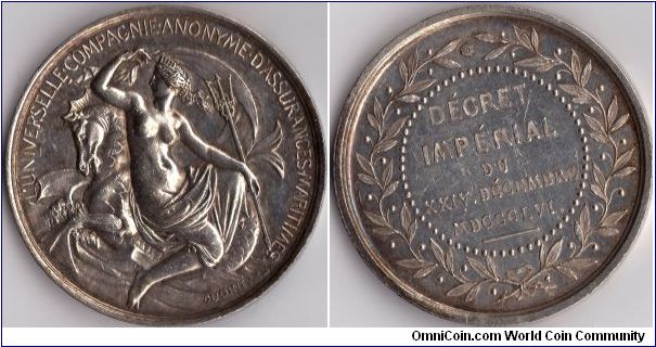 Another scarcer silver jeton issued for L'Universelle, one of France's maritime assurers. Original strike engraved by Oudine, the engraver of the silver currency in France at that time.