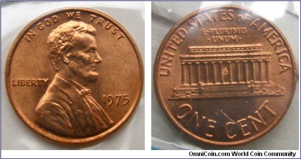 Lincoln One Cent. 1975 Mint Set.
Mintmark: None (for Philadelphia, PA) below the date