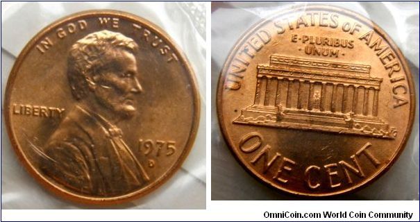 Lincoln One Cent. 1975 Mint Set.
Mintmark: D (for Denver, CO) below the date