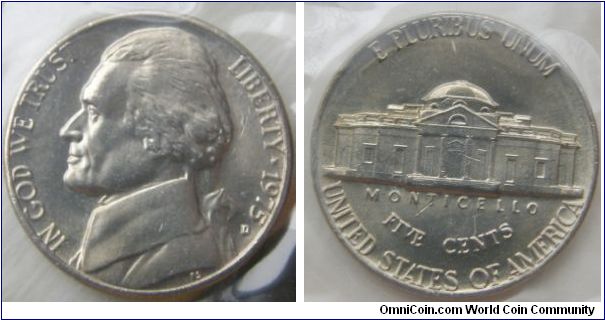 Jefferson Five Cents. 1975 Mint Set. Mintmark: Small D (for Denver, Colorado) below the date on the lower right obverse