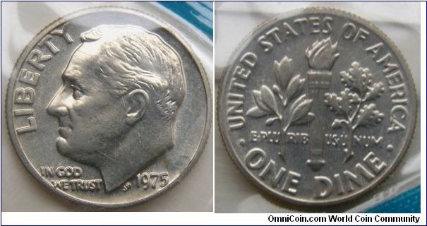 Roosevelt One Dime, 1975 Mint Set. Mintmark: None (for Philadelphia, PA) above the date