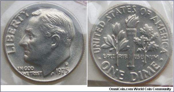 Roosevelt One Dime, 1975 Mint Set. Mintmark: D (for Denver, CO) above the date