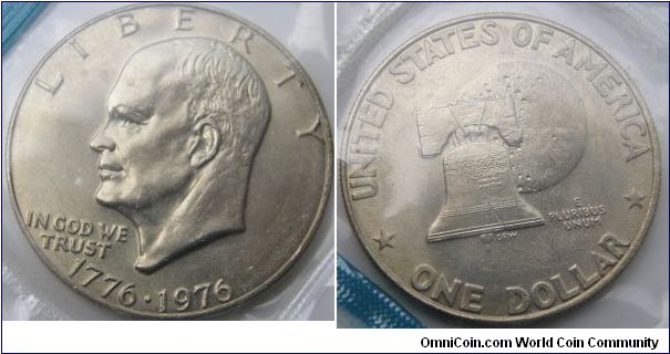 EISENHOWER Bicentennial One  Dollar, 1975  Mint Set. Mintmark: None (for Philadelphia, PA) between Eisenhower's head and the date