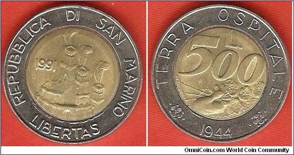 500 lire
land of hospitality 1944
bimetal coin