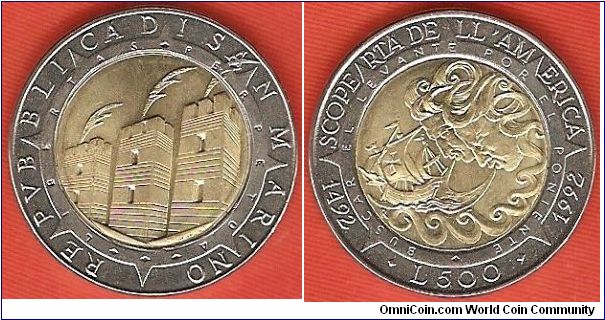 500 lire
discovery of America 1492-1992
bimetal coin