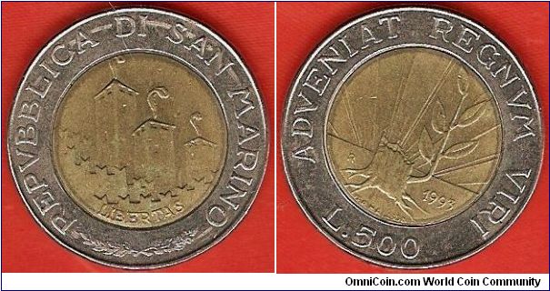 500 lire
growth from a tree stump
bimetal coin