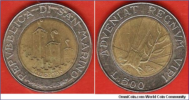 500 lire
growth from a tree stump
bimetal coin