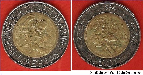 500 lire
St. Marinus receiving Mount Titano
bimetal coin
