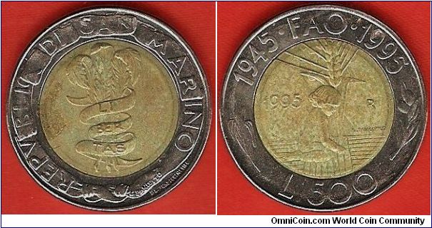 500 lire
FAO issue
50th anniversary of FAO
bimetal coin