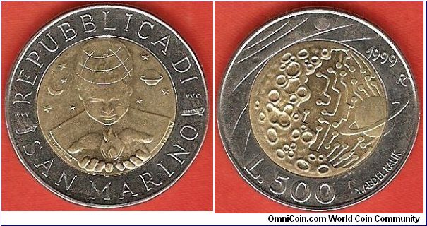 500 lire
moon's surface, radio waves and Saturn
bimetal coin