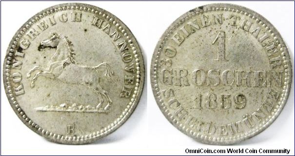 German States - Hannover, Provincial City regular coinage, Groschen, 1859B. 2.1900g, 0.2200 Silver, .0154 Oz. ASW. UNC.