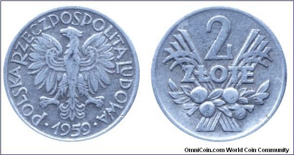 Poland, 2 zlote, 1959, Al, People's Republic of Poland.                                                                                                                                                                                                                                                                                                                                                                                                                                                             