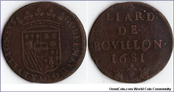 1681 Liard de Bouillon. Minted for use in the French principality of Bouillon and Sedan.