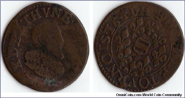 small copper Double Tournois from the French principality of Boisbelle et Heinrichmont. Obverse od the Duc de Sully, Maximilian I de Bethune.