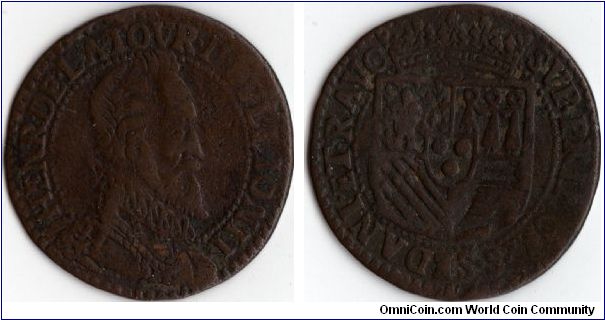 Non dated (1615) copper Double Liard from Bouillon et Sedan. Nice bust of Henri de la Tour.