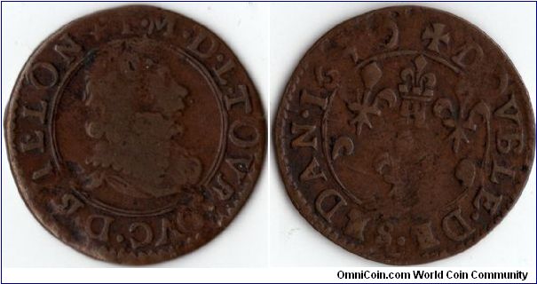 1640 small copper double tournois from Bouillon et Sedan featuring Frederic Maurice de La Tour obverse