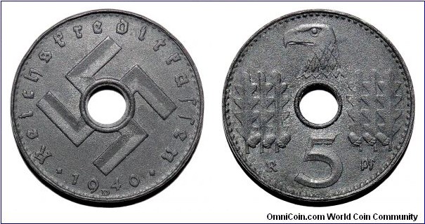 GERMANY (THIRD REICH)~5 Reichspfennig 1940 D. Military~ Issued for occupied territories only. Mint: Munich. *SOLD*