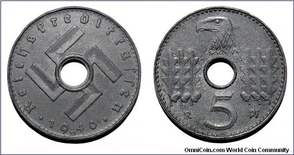 GERMANY (THIRD REICH)~5 Reichspfennig 1940 D. Military~ Issued for occupied territories only. Mint: Munich. *SOLD*